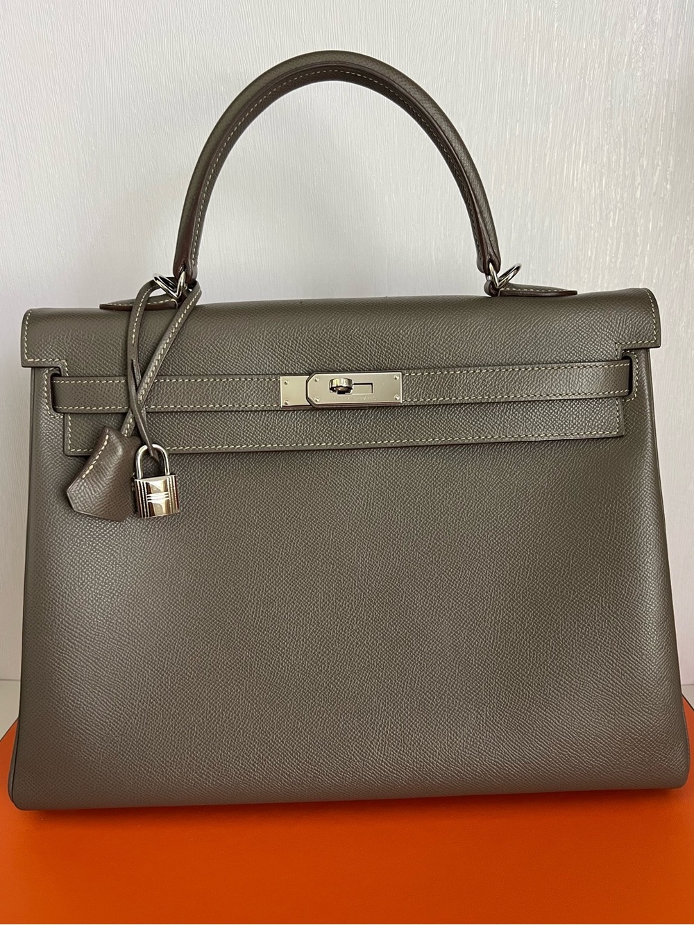 Hermes Verso Kelly Retourne 35 In Etain Epsom and Bleu Thalassa Interior PHW